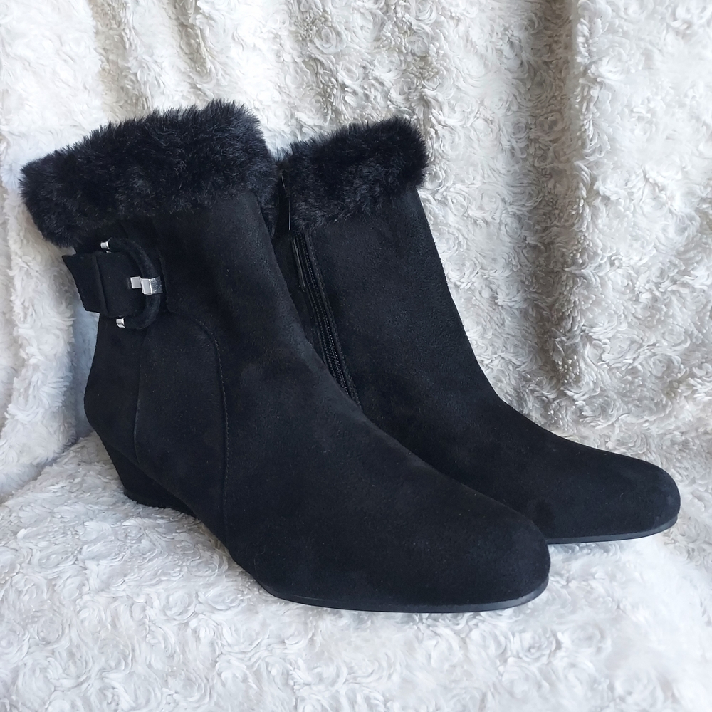 IMPO Glema Elegant Black Wedge Ankle Boots Faux Fur Trim Fancy Winter Holiday